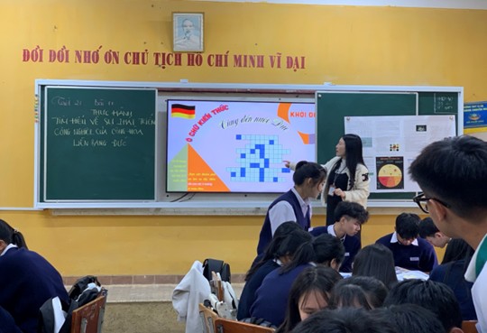 Cô Nguyễn Thị Phương Thanh trực tiếp thực hiện tiết dạy học theo hướng nghiên cứu bài học với chủ đề “Thực hành tìm hiểu về địa lí dân cư Việt Nam”